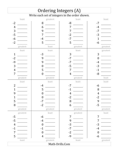 The Ordering Integers (Range -9 to 9) (A) Math Worksheet