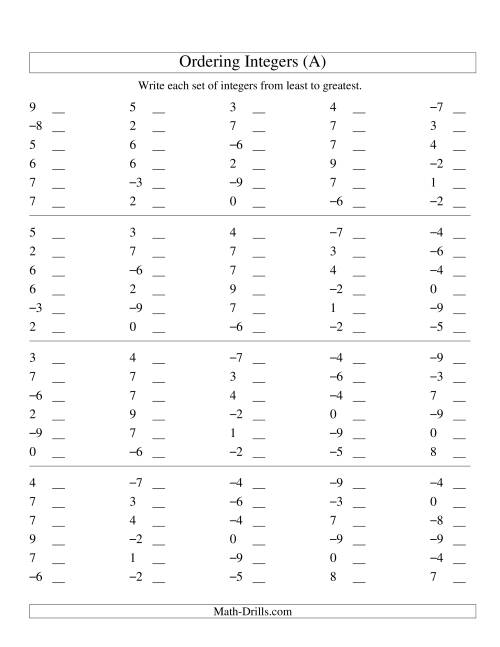The Ordering Integers (Range -9 to 9) (Old) Math Worksheet