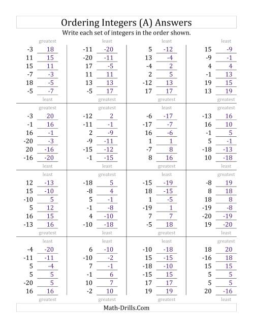The Ordering Integers (Range -20 to 20) (A) Math Worksheet Page 2