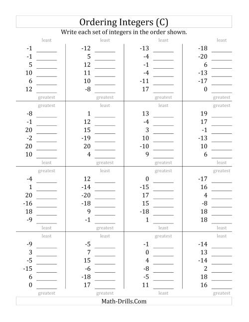 The Ordering Integers (Range -20 to 20) (C) Math Worksheet