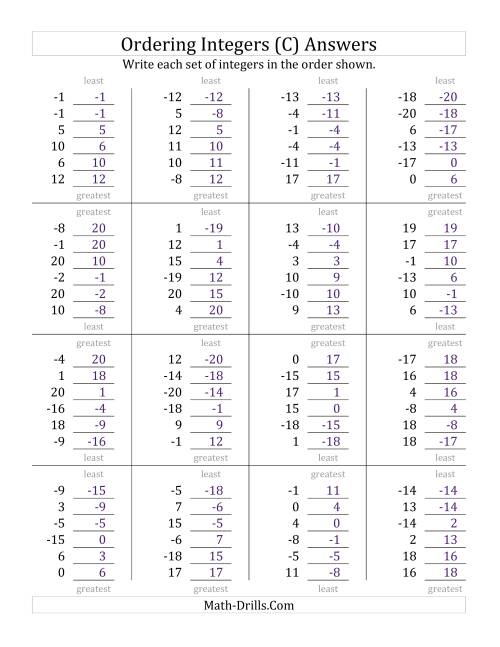 The Ordering Integers (Range -20 to 20) (C) Math Worksheet Page 2