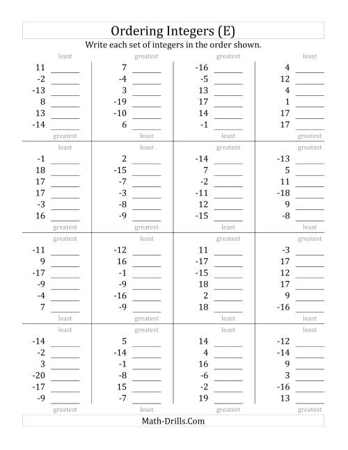 The Ordering Integers (Range -20 to 20) (E) Math Worksheet