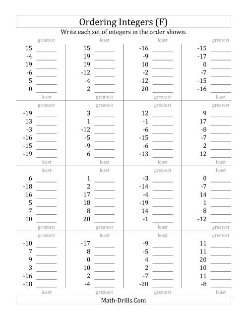 The Ordering Integers (Range -20 to 20) (F) Math Worksheet