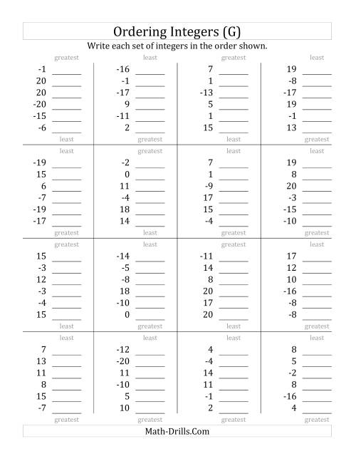 The Ordering Integers (Range -20 to 20) (G) Math Worksheet