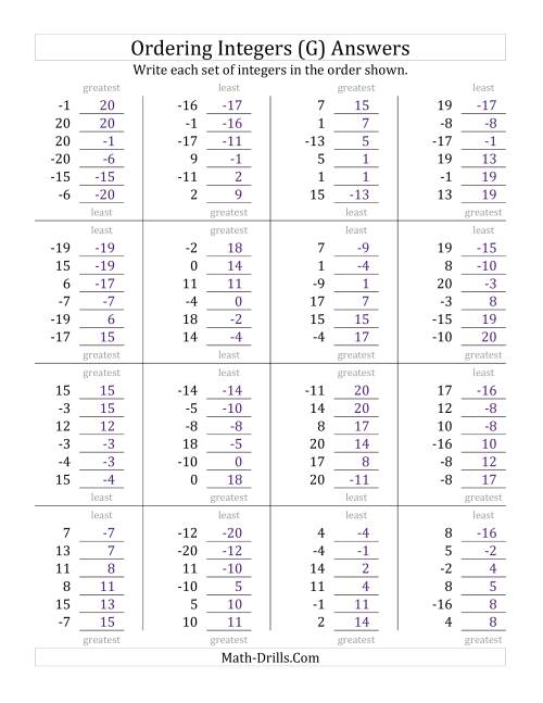 The Ordering Integers (Range -20 to 20) (G) Math Worksheet Page 2