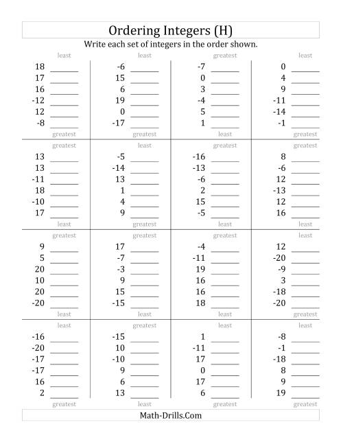 The Ordering Integers (Range -20 to 20) (H) Math Worksheet
