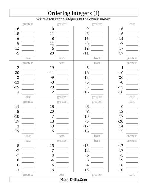 The Ordering Integers (Range -20 to 20) (I) Math Worksheet