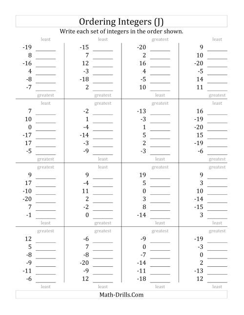The Ordering Integers (Range -20 to 20) (J) Math Worksheet