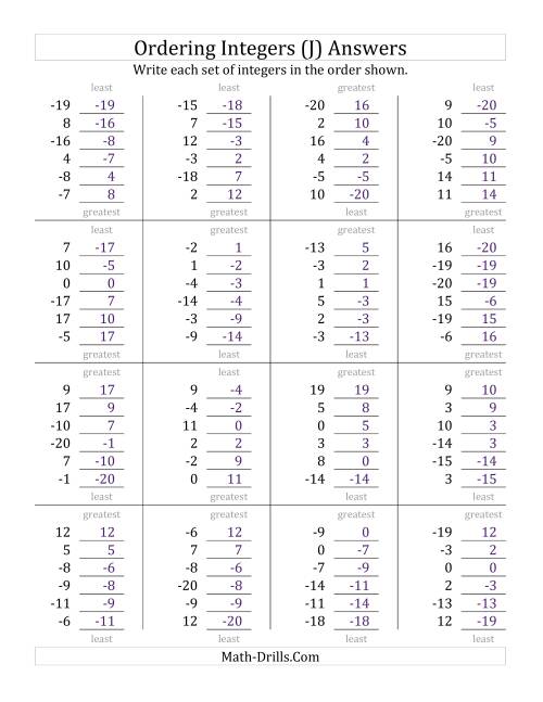 The Ordering Integers (Range -20 to 20) (J) Math Worksheet Page 2