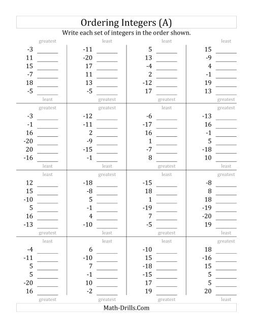 The Ordering Integers (Range -20 to 20) (All) Math Worksheet