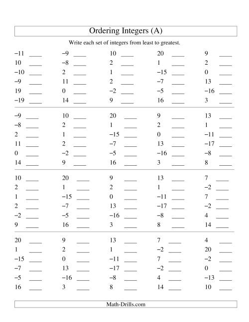 The Ordering Integers (Range -20 to 20) (Old) Math Worksheet