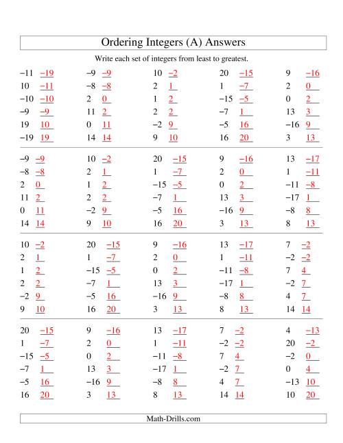 The Ordering Integers (Range -20 to 20) (Old) Math Worksheet Page 2