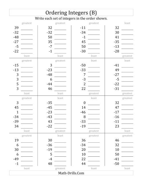 The Ordering Integers (Range -50 to 50) (B) Math Worksheet