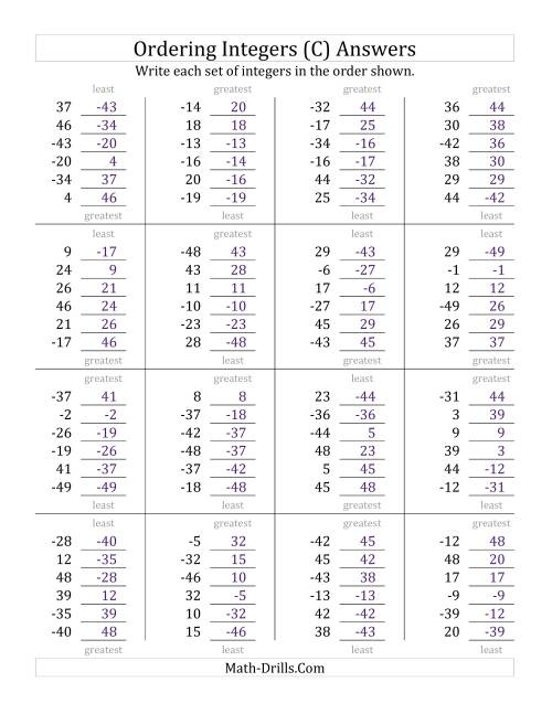 The Ordering Integers (Range -50 to 50) (C) Math Worksheet Page 2