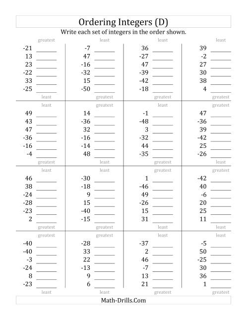 The Ordering Integers (Range -50 to 50) (D) Math Worksheet