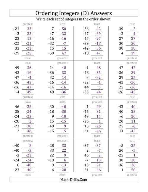 The Ordering Integers (Range -50 to 50) (D) Math Worksheet Page 2