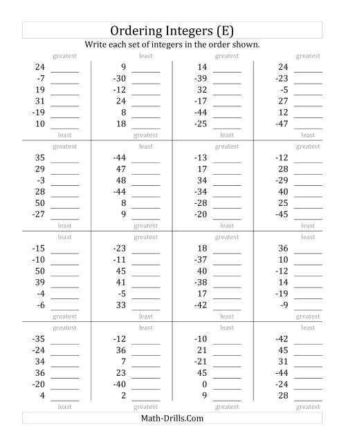The Ordering Integers (Range -50 to 50) (E) Math Worksheet