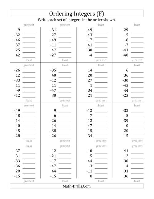 The Ordering Integers (Range -50 to 50) (F) Math Worksheet