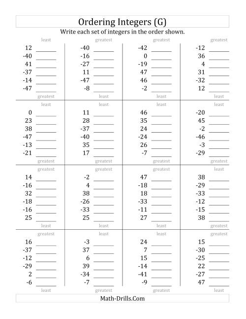 The Ordering Integers (Range -50 to 50) (G) Math Worksheet