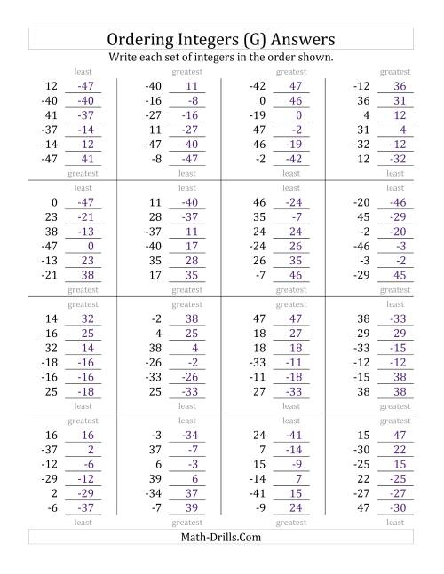 The Ordering Integers (Range -50 to 50) (G) Math Worksheet Page 2