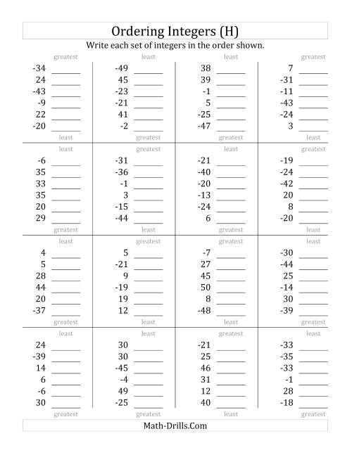 The Ordering Integers (Range -50 to 50) (H) Math Worksheet
