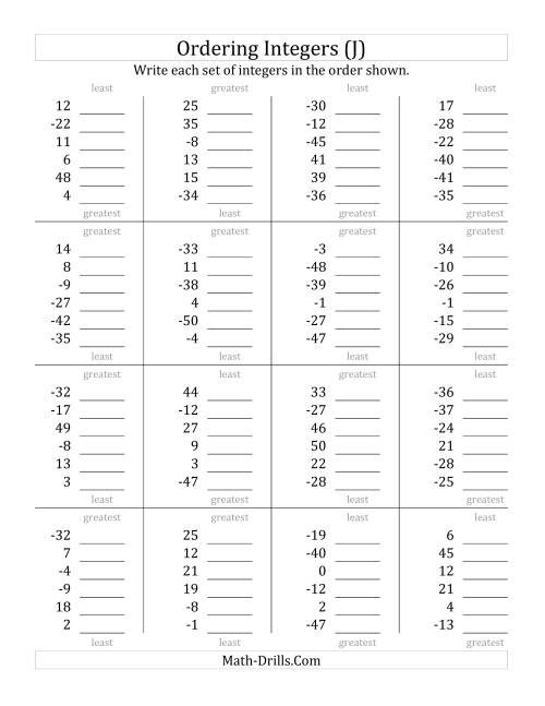 The Ordering Integers (Range -50 to 50) (J) Math Worksheet