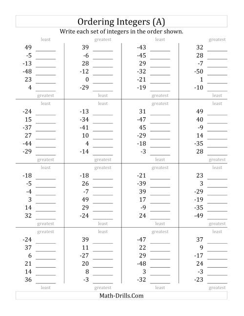 The Ordering Integers (Range -50 to 50) (All) Math Worksheet