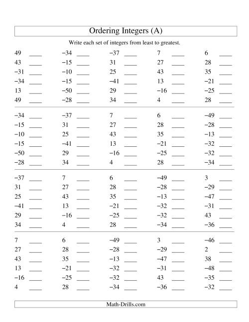 The Ordering Integers (Range -50 to 50) (Old) Math Worksheet