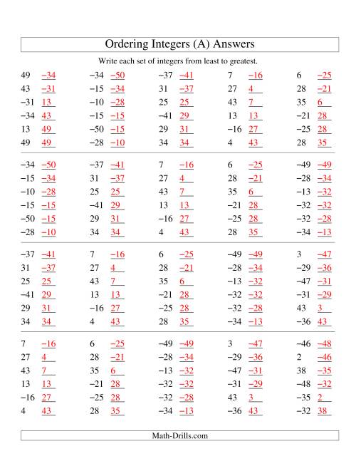 The Ordering Integers (Range -50 to 50) (Old) Math Worksheet Page 2
