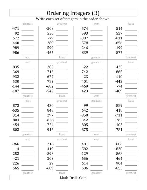 The Ordering Integers (Range -999 to 999) (B) Math Worksheet