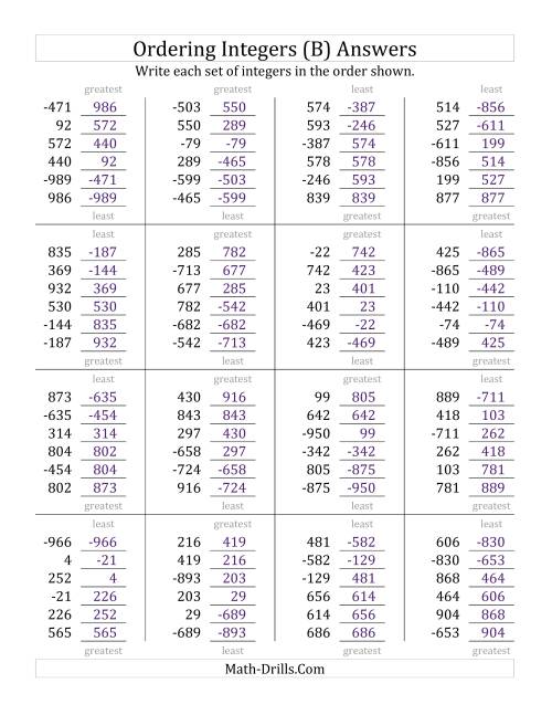 The Ordering Integers (Range -999 to 999) (B) Math Worksheet Page 2