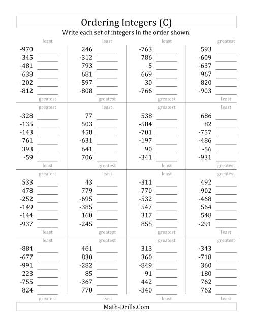 The Ordering Integers (Range -999 to 999) (C) Math Worksheet