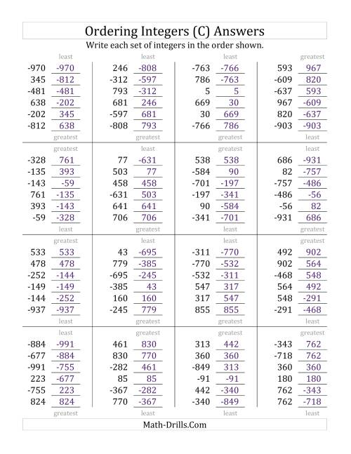 The Ordering Integers (Range -999 to 999) (C) Math Worksheet Page 2