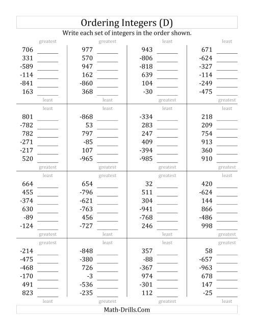 The Ordering Integers (Range -999 to 999) (D) Math Worksheet