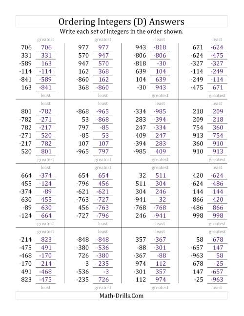 The Ordering Integers (Range -999 to 999) (D) Math Worksheet Page 2