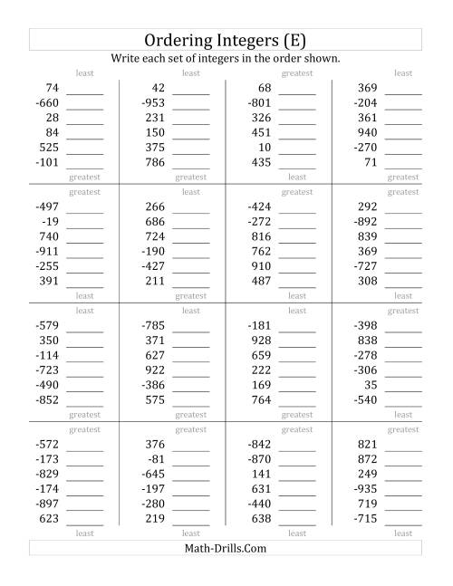 The Ordering Integers (Range -999 to 999) (E) Math Worksheet