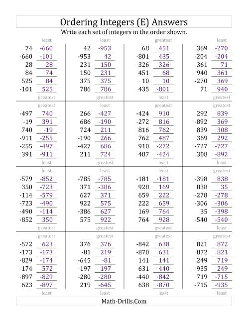 The Ordering Integers (Range -999 to 999) (E) Math Worksheet Page 2