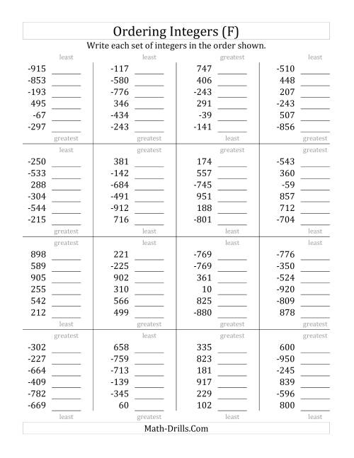 The Ordering Integers (Range -999 to 999) (F) Math Worksheet