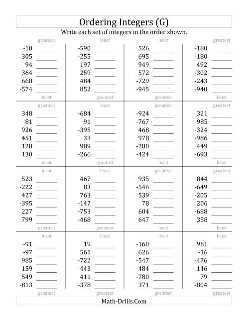 The Ordering Integers (Range -999 to 999) (G) Math Worksheet