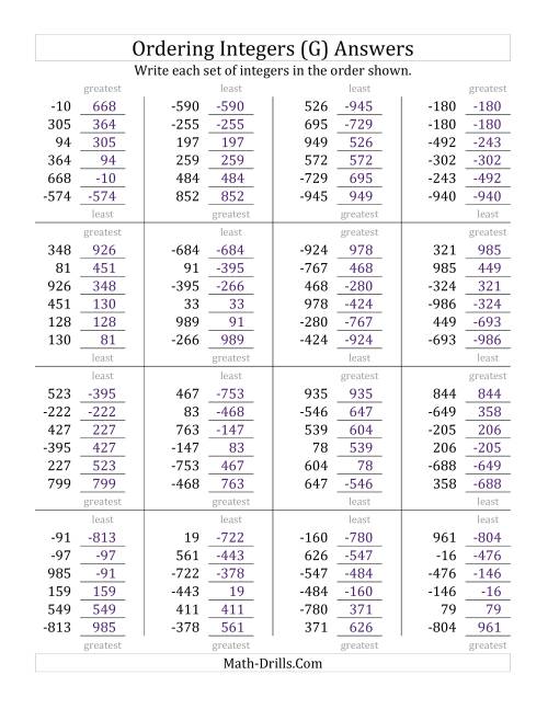 The Ordering Integers (Range -999 to 999) (G) Math Worksheet Page 2