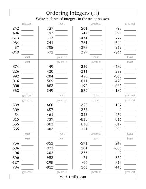 The Ordering Integers (Range -999 to 999) (H) Math Worksheet