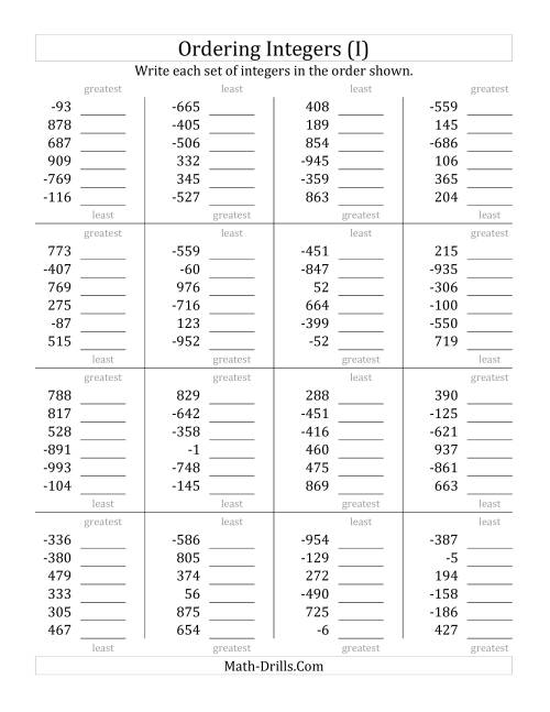 The Ordering Integers (Range -999 to 999) (I) Math Worksheet