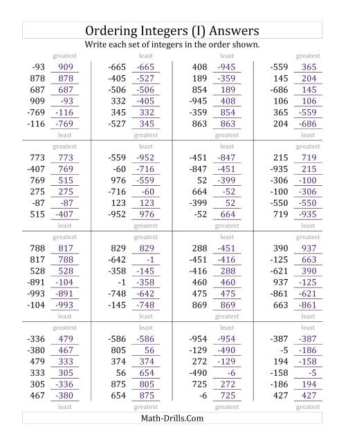 The Ordering Integers (Range -999 to 999) (I) Math Worksheet Page 2