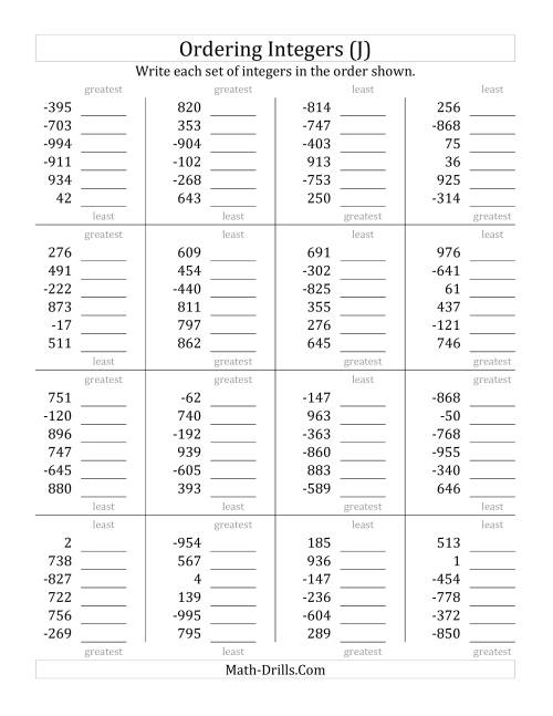 The Ordering Integers (Range -999 to 999) (J) Math Worksheet