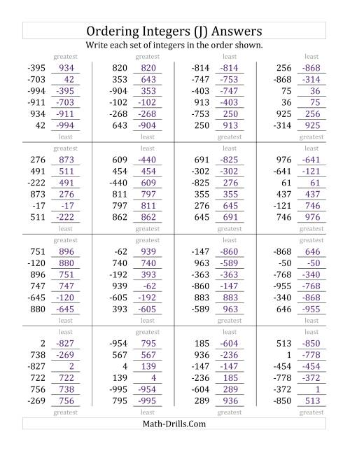 The Ordering Integers (Range -999 to 999) (J) Math Worksheet Page 2