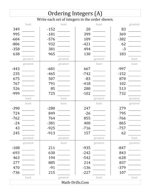 The Ordering Integers (Range -999 to 999) (All) Math Worksheet