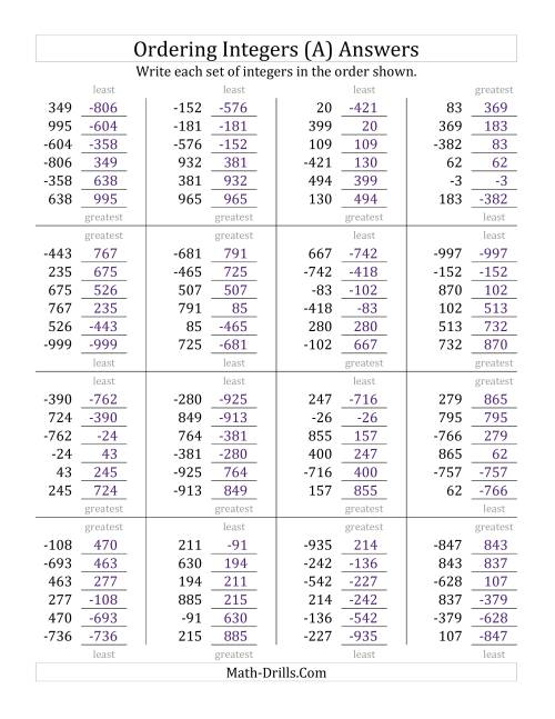 The Ordering Integers (Range -999 to 999) (All) Math Worksheet Page 2