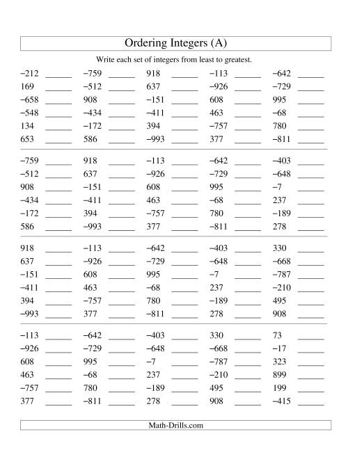 The Ordering Integers (Range -999 to 999) (Old) Math Worksheet