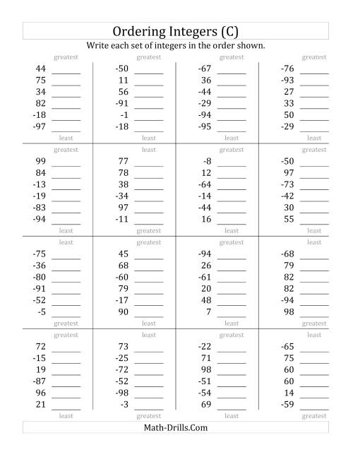 The Ordering Integers (Range -99 to 99) (C) Math Worksheet