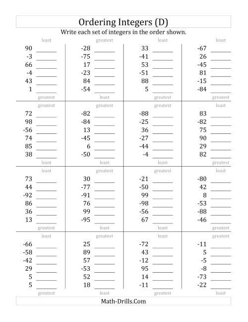 The Ordering Integers (Range -99 to 99) (D) Math Worksheet